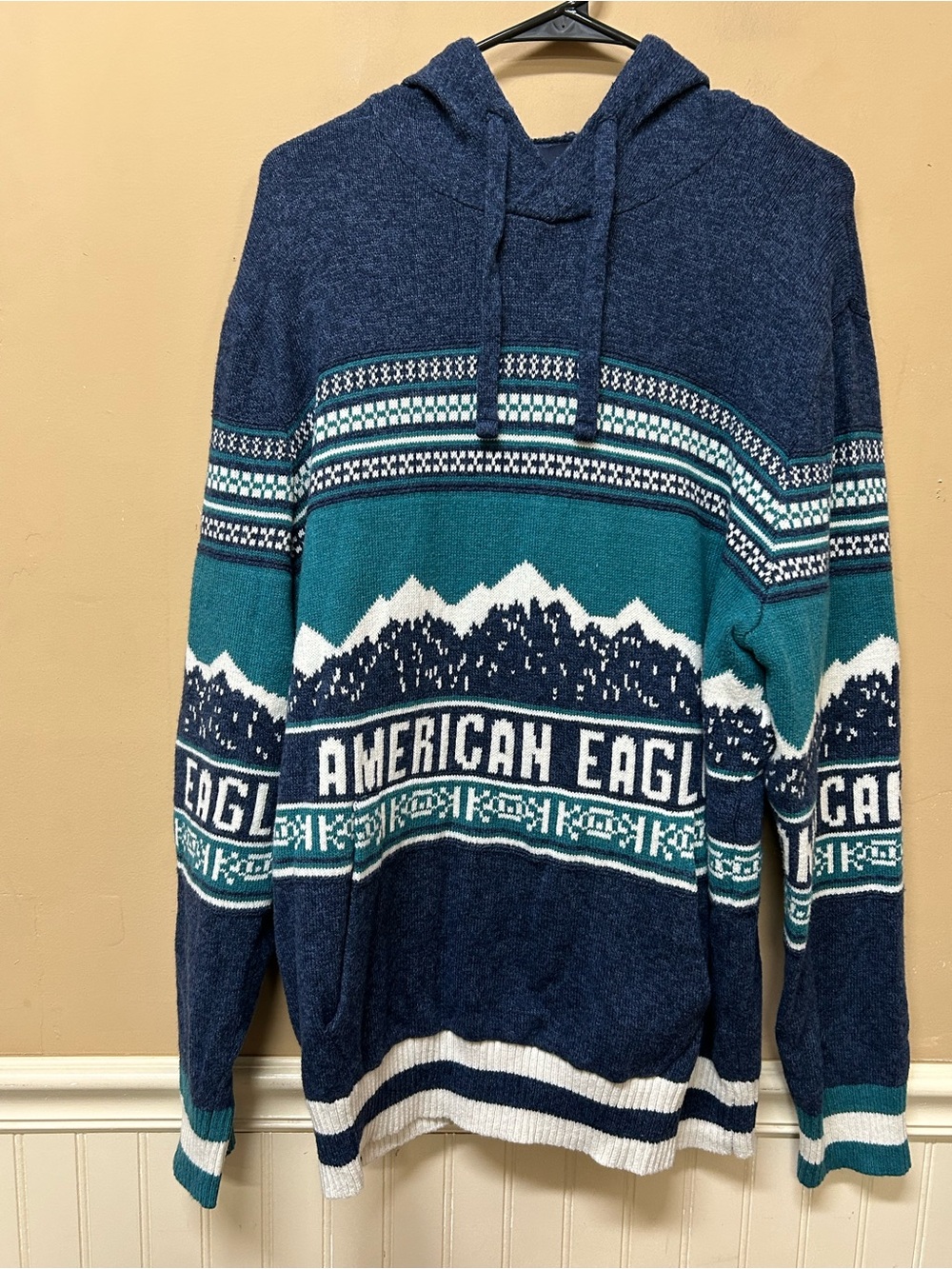 American Eagle Sweater Mens XL Hoodie Fair Isle Mountains Scape Blue Teal
